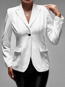 SHEIN SXY Áo khoác  âu phục nữ Nút phía trước màu trơn Thanh lịch - trắng - Xem 4