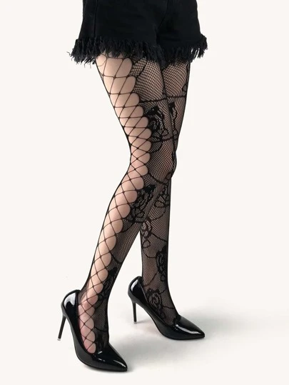 1 para damskich czarnych, koronkowych, kwiatowych legginsów z siateczki rybackiej