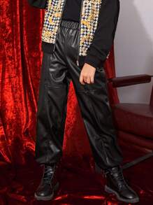 SHEIN Girls Slant Pockets PU Leather Joggers - Black - View 1