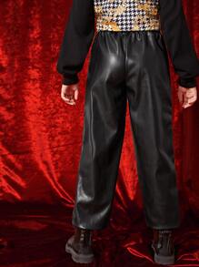 SHEIN Girls Slant Pockets PU Leather Joggers - Black - View 2