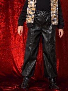 SHEIN Girls Slant Pockets PU Leather Joggers - Black - View 4