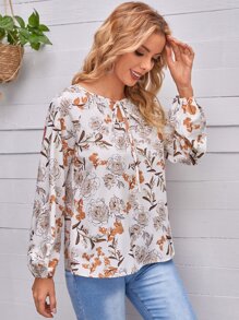 EMERY ROSE 印花繫帶領插肩袖襯衫 - 白色 - 查看 5