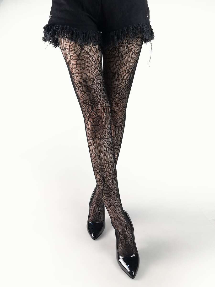 1双女式蜘蛛网渔网紧身裤，万圣节前夕 - 黑色 - 查看 1