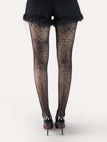 1双女式蜘蛛网渔网紧身裤，万圣节前夕 - 黑色 - 查看 2