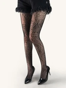 1双女式蜘蛛网渔网紧身裤，万圣节前夕 - 黑色 - 查看 4
