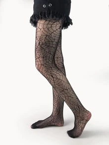 1双女式蜘蛛网渔网紧身裤，万圣节前夕 - 黑色 - 查看 5
