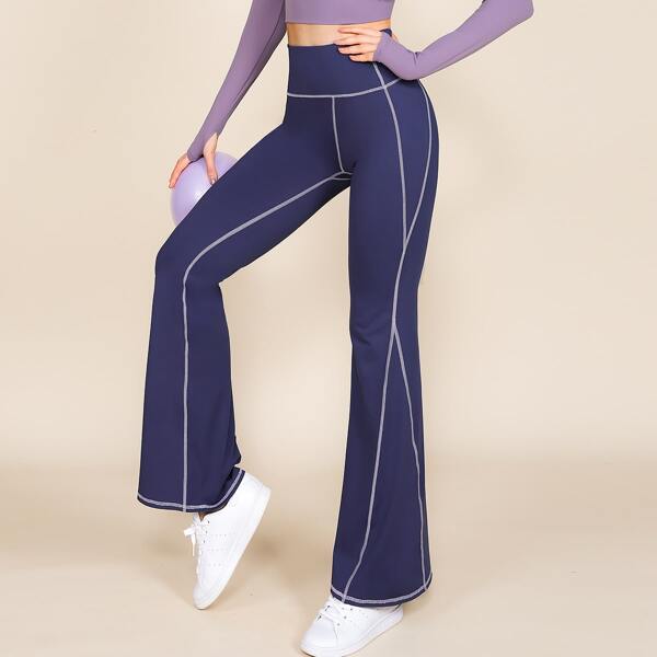 

High Waist Top-stitching Flare Leg Pants, Navy blue