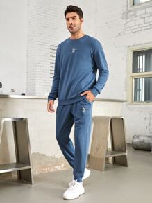 Manfinity VCAY Men 1pc Letter Embroidery Sweatshirt & 1pc Sweatpants, For Fall Winter - Dusty Blue - View 4