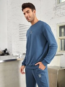 Manfinity VCAY Men 1pc Letter Embroidery Sweatshirt & 1pc Sweatpants, For Fall Winter - Dusty Blue - View 3