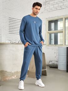 Manfinity VCAY Men 1pc Letter Embroidery Sweatshirt & 1pc Sweatpants, For Fall Winter - Dusty Blue - View 5