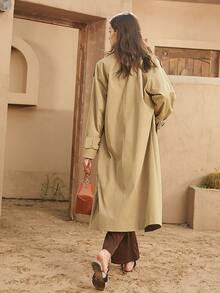 Two Tone Drop Shoulder Buckled Belted Trench Coat - Khaki - View 2