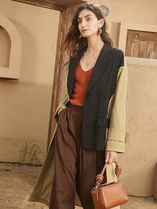 Two Tone Drop Shoulder Buckled Belted Trench Coat - Khaki - View 3