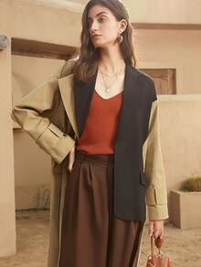 Two Tone Drop Shoulder Buckled Belted Trench Coat - Khaki - View 4