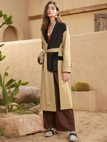 Two Tone Drop Shoulder Buckled Belted Trench Coat - Khaki - View 5