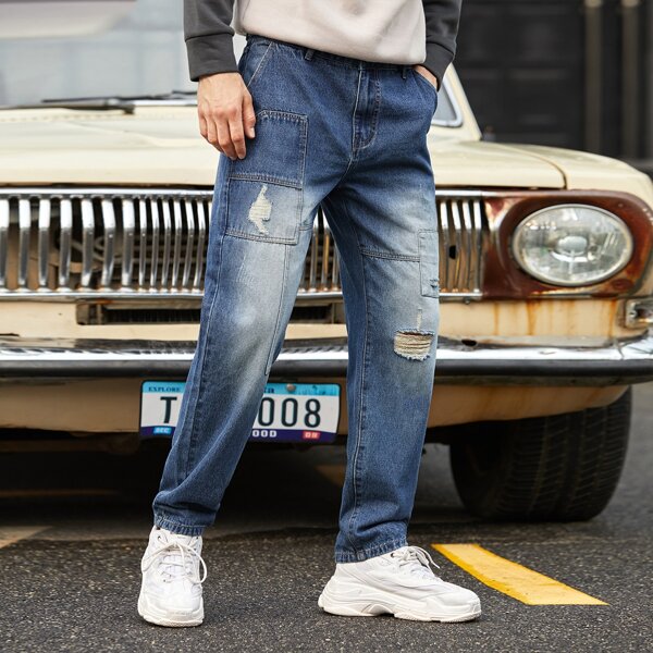 

Men Ripped Straight Leg Jeans, Medium wash