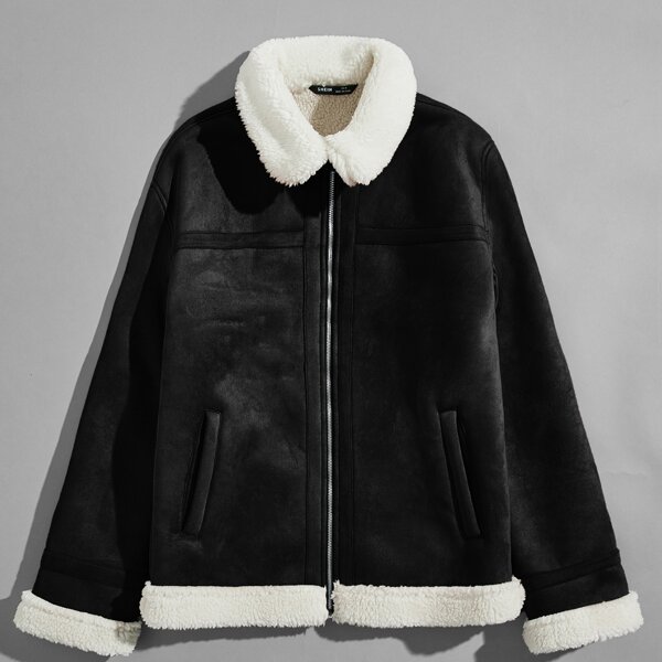

Men Zipper Front Faux Shearling Coat, Black