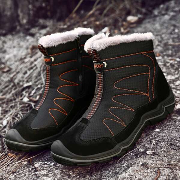 

Men Stitch Detail Lace-up Front Snow Boots, Black