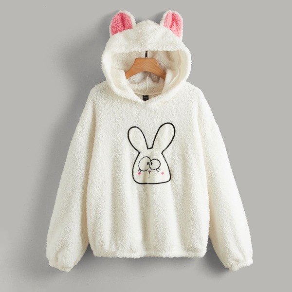 

Rabbit Embroidered 3D Ear Design Teddy Hoodie, Beige