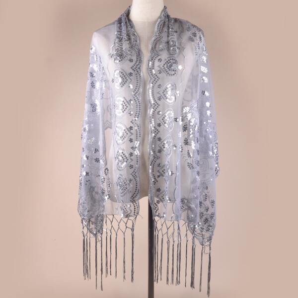 

Sequin Heart Decor Shawl Scarf, White