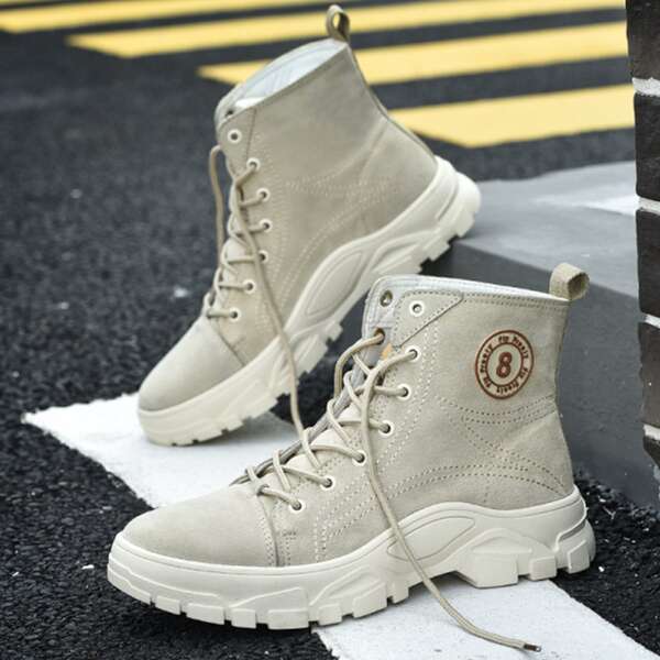 

Men Letter Graphic Lace-up Front Boots, Beige
