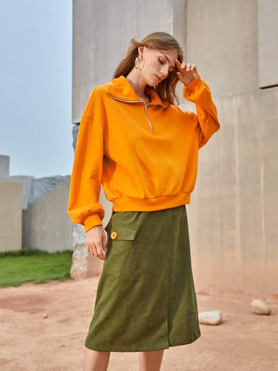 SHEIN Sudadera neón naranja de hombros caídos con abertura media - Naranja - Ver 1