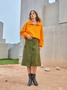 SHEIN Sudadera neón naranja de hombros caídos con abertura media - Naranja - Ver 3