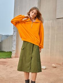 SHEIN Sudadera neón naranja de hombros caídos con abertura media - Naranja - Ver 4
