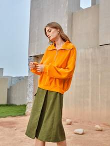 SHEIN Sudadera neón naranja de hombros caídos con abertura media - Naranja - Ver 5