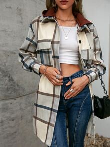 Simplee Plaid Flap Pocket Drop Shoulder Hooded Overcoat - Multicolor - View 4