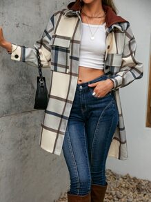 Simplee Plaid Flap Pocket Drop Shoulder Hooded Overcoat - Multicolor - View 1