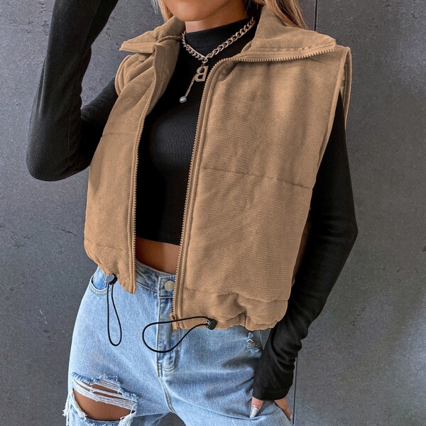 

Zip Up Drawstring Corduroy Vest Coat, Mocha brown