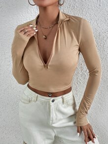 SHEIN Unity Zip Half Placket Crop Slim Tee - Khaki - View 1