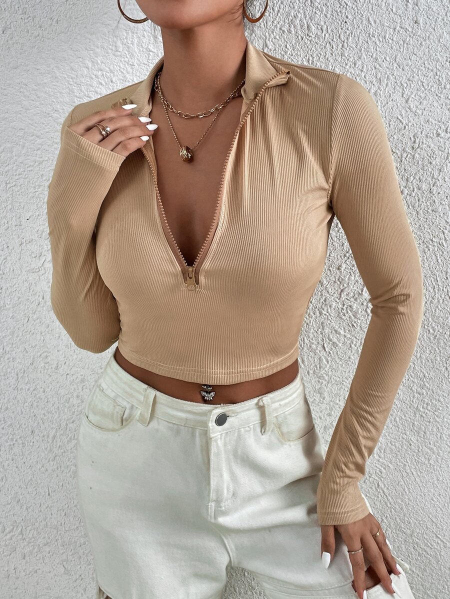 SHEIN Unity Zip Half Placket Crop Slim Tee - Khaki - View 1