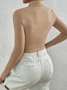 SHEIN Unity Zip Half Placket Crop Slim Tee - Khaki - View 2
