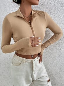 SHEIN Unity Zip Half Placket Crop Slim Tee - Khaki - View 3