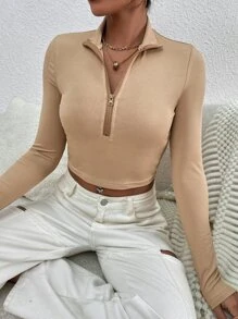 SHEIN Unity Zip Half Placket Crop Slim Tee - Khaki - View 4