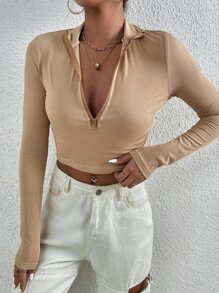 SHEIN Unity Zip Half Placket Crop Slim Tee - Khaki - View 5