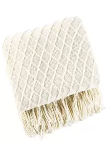 1pc Geometric Knit Tassel Decor Blanket, Modern Fabric White Knitting Design Blanket For Bed - White - View 1