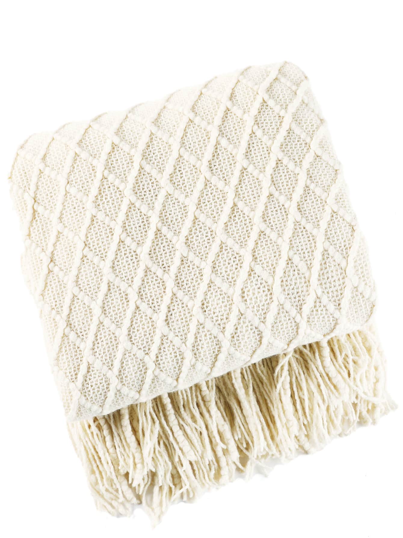 1pc Geometric Knit Tassel Decor Blanket, Modern Fabric White Knitting Design Blanket For Bed - White - View 1