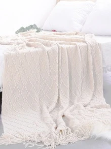 1pc Geometric Knit Tassel Decor Blanket, Modern Fabric White Knitting Design Blanket For Bed - White - View 4