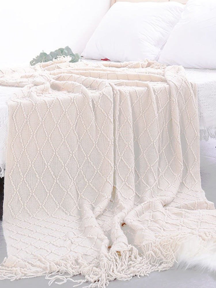 幾何針織流蘇裝飾毯子 - 白色 - 查看 4