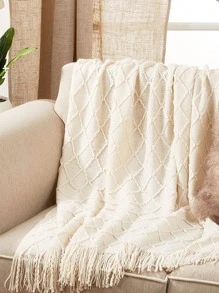 1pc Geometric Knit Tassel Decor Blanket, Modern Fabric White Knitting Design Blanket For Bed - White - View 5