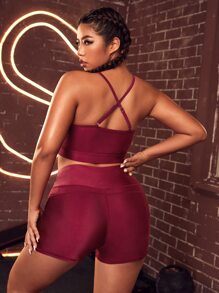 Plus Four-Way Stretch Criss Cross Sports Set - Burgundy - View 2