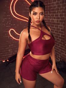 Plus Four-Way Stretch Criss Cross Sports Set - Burgundy - View 3