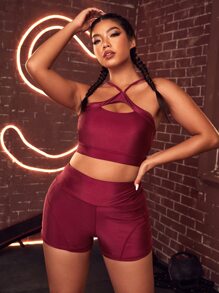Plus Four-Way Stretch Criss Cross Sports Set - Burgundy - View 4