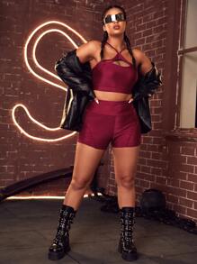 Plus Four-Way Stretch Criss Cross Sports Set - Burgundy - View 5