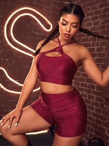 Plus Four-Way Stretch Criss Cross Sports Set - Burgundy - View 6