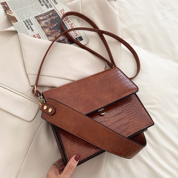 

Croc Embossed Flap Square Bag, Brown