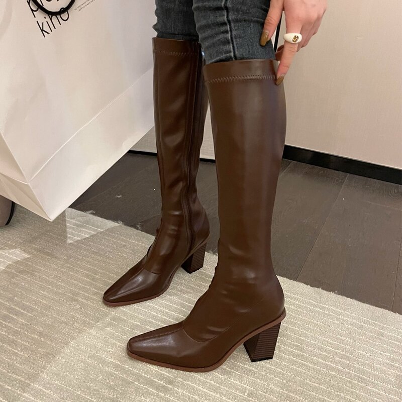 

Point Toe Side Zip Chunky Heeled Knee Boots, Chocolate brown