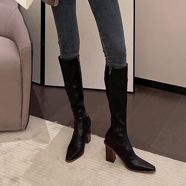 

Point Toe Side Zip Chunky Heeled Knee Boots, Black